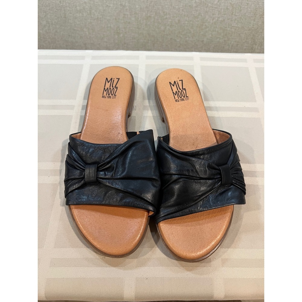 Miz Mooz Daisey Black Leather Knotted Bow Slide Sandals Flat Shoes Size 40